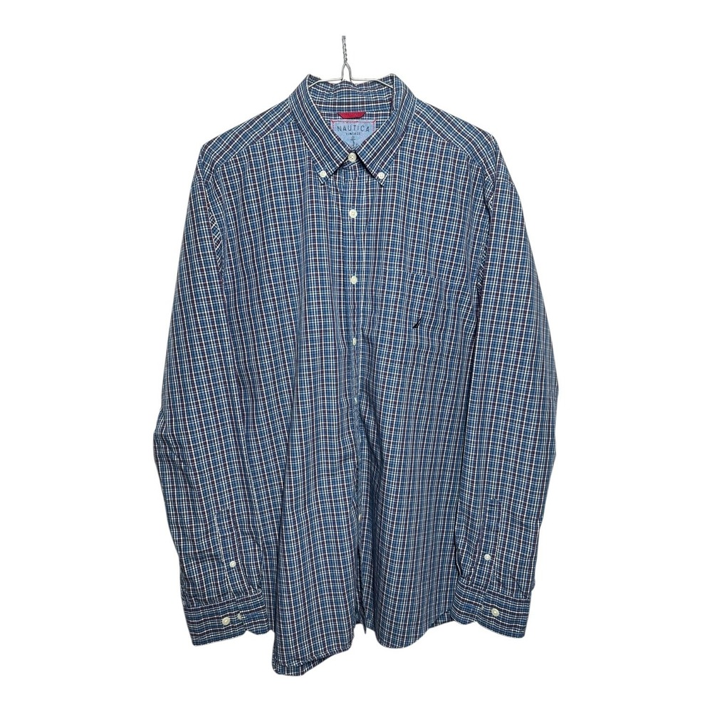 Nautica Vintage Men's Blue Plaid Button-Down Shirt Size Large 100% Cotton‎